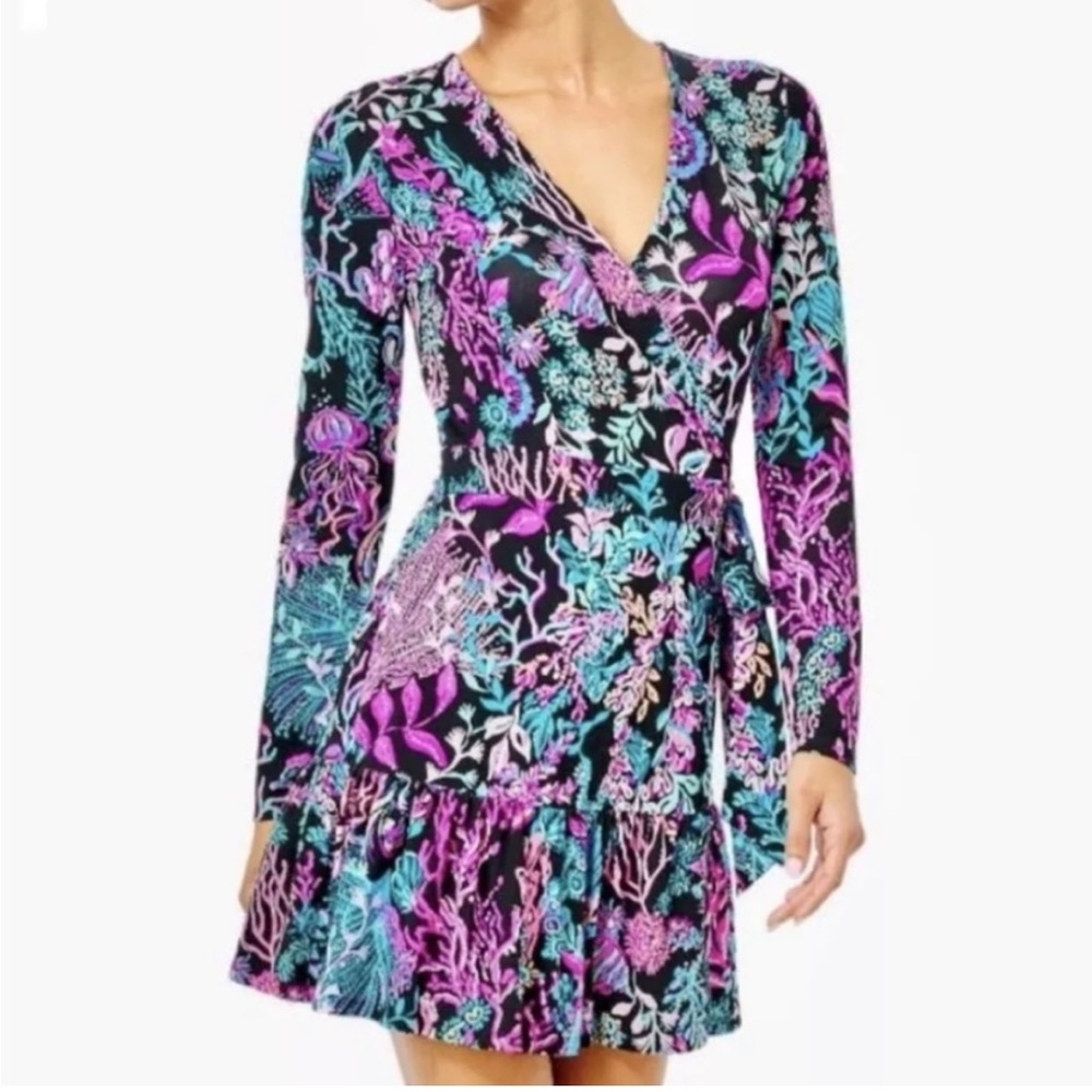 Lilly Pulitzer Misha Onyx Twilight Coral Jersey Ruffle Wrap Romper Size L